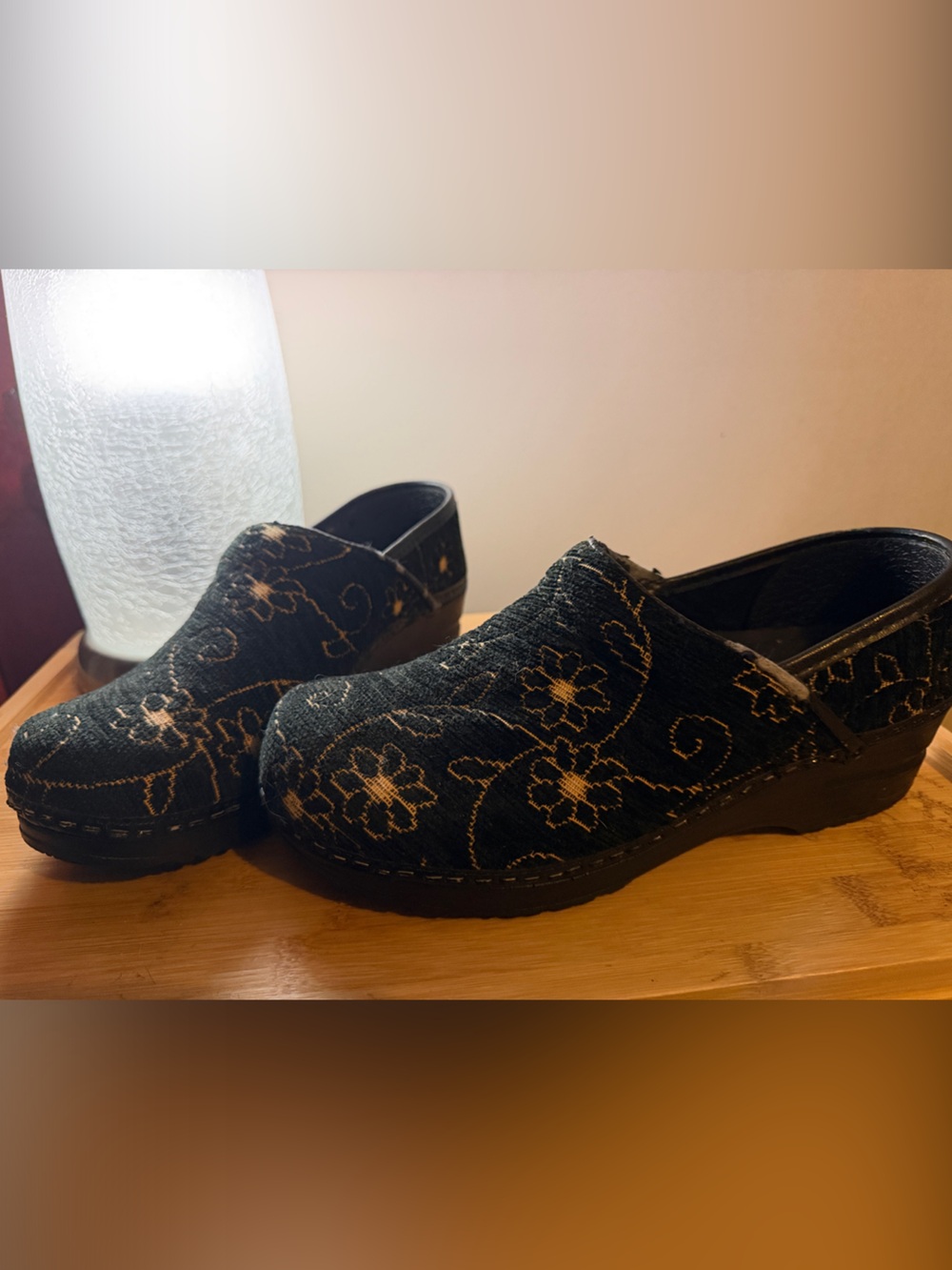 Sanita Black Clogs with Gold Floral Embroidery
